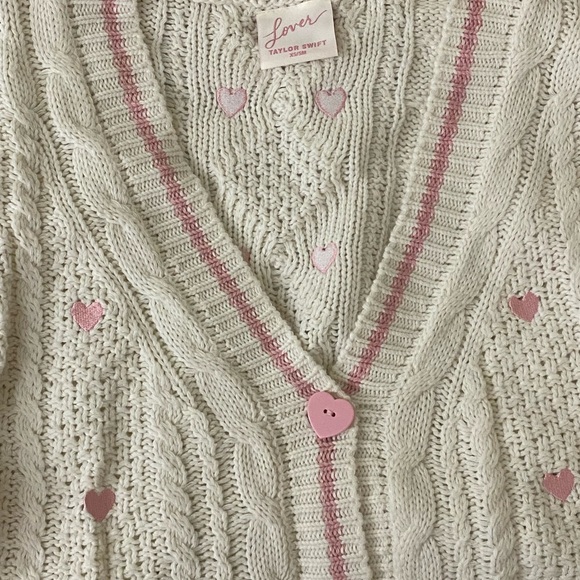 Taylor Swift Sweaters - Taylor Swift Cream and Pink Lover Knit Cardigan